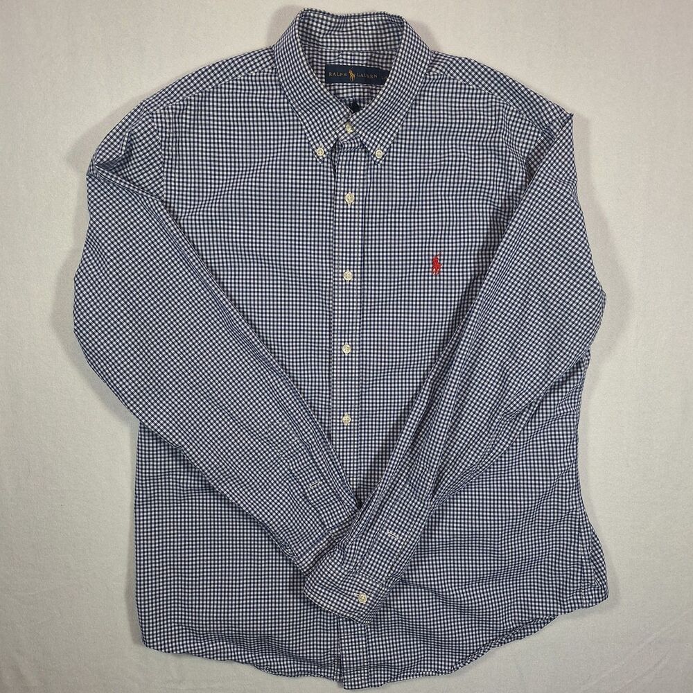 Polo Ralph Lauren Long Sleeve Button Front Blue White Plaid Shirt Mens L